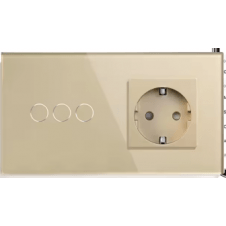Marco 3 interruptores + Cuerpo Enchufe Schuko Oro