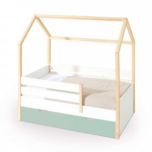 Cama-casita Montessori 70x140 cm madera con cajones verde-menta · Sogni