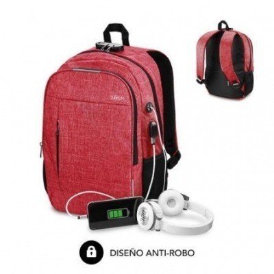 Mochila Subblim Urban Lock para Portátiles hasta 16/ Puerto USB/ Antirrobo/ Rojo