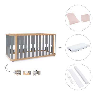 Cuna-cama colecho 70x140 cm madera/gris (4en1) + colchón + textil Cremarosa · Crea Plus Due Antracita