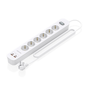 AISENS - REGLETA DE ENCHUFES MULTIFUNCION CON 6 TOMAS + CARGADOR PD3.0 20W 2xUSB-C, 2xUSB-A, 1.4M, BLANCO