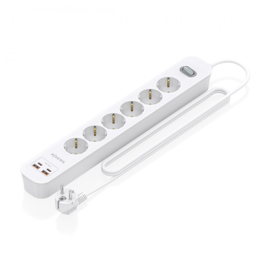 AISENS - REGLETA DE ENCHUFES MULTIFUNCION CON 6 TOMAS + CARGADOR PD3.0 20W 2xUSB-C, 2xUSB-A, 1.4M, BLANCO