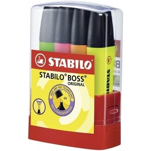 Stabilo Boss 70 Parade Pack de 4 Marcadores Fluorescentes - Trazo entre 2 y 5mm - Recargable - Tinta con Base de Agua - Colores Surtidos