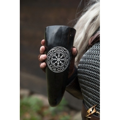 ✓ Cuerno Vikingo Medieval para Beber con Soporte de Cuero Genuino