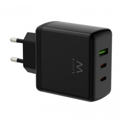 Ewent EW1330 Cargador GaN Universal de Pared 65W Ultrarapido - 2x USB-C PD 3.0 y 1x USB-A QC 3.0 - Color Negro