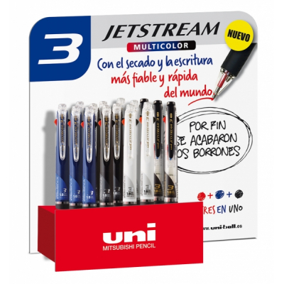 Uni-ball SXE3-400-10 JetStream Expositor de 15 Boligrafos Tricolor - Punta de Bola 1mm - Boligrafo con 3 Colores de Tinta, Negro, Azul y Rojo - Secado Instantaneo - Colores Surtidos