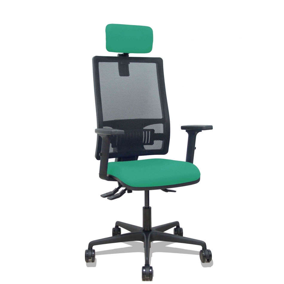 Silla Bormate asincro malla negra asiento bali verde esmeralda brazos 2D ruedas 65mm cabecero regulable