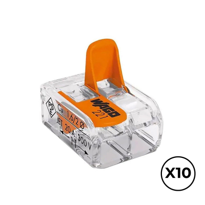 Conector rápido con palanca 2 vias, ø maximo 4 mm², 450 v , 32 a transparente 13,2 x 18,6 x 8,4 mm, 10 uds