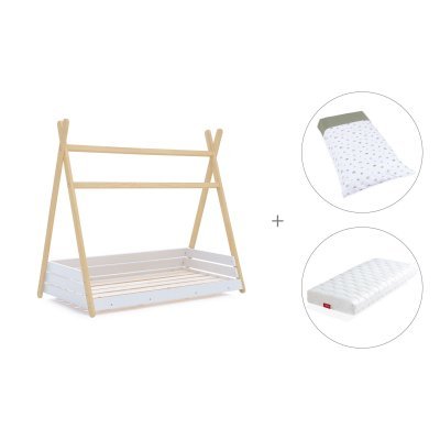Cama cabaña Montessori madera 70x140 cm + colchón + nórdico Espuma do mar · Homy Life