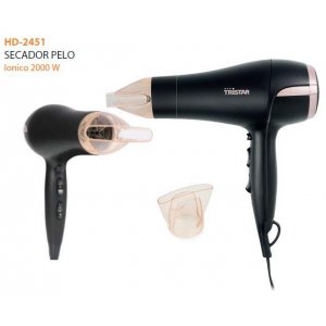 Secador de pelo Tristar HD2451, motor DC, iónico, 2000W, 3 velocidades, 3 temperaturas, con difusor, negro