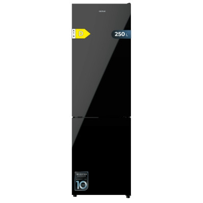 Cecotec Bolero CoolMarket Combi 250 Black Glass D Frigorifico Combi - 250L - Compresor Inverter - Puerta de Cristal - Frio Envolvente - Cajon Humedad Regulable - Clase E - 54x57.6x180cm - Color Negro