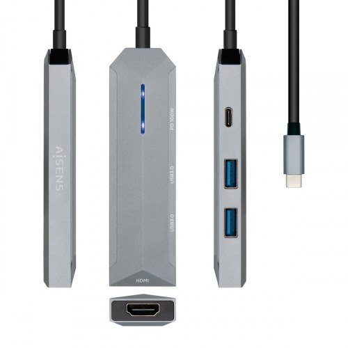 AISENS - USB-C DOCK 4 EN 1, USB-C A 1xHDMI, 2xUSB, 1xPD, GRIS, 15CM