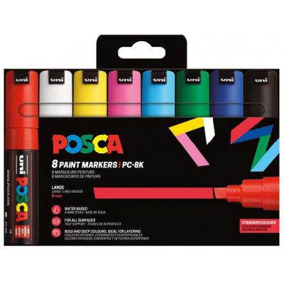 Posca PC-8K/8C Estuche de 8 Marcadores de Pintura - Punta Biselada Acrilica 8mm - Tinta Base al Agua - Resistente a la Luz - Color Surtido