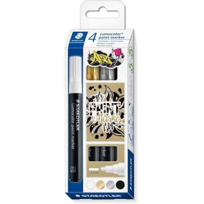 Staedtler Lumocolor 349 Pack con 4 Marcadores Acrilicos Permanentes - Trazo 2.4 mm aprox. - Tinta Base de Agua - Colores Surtidos