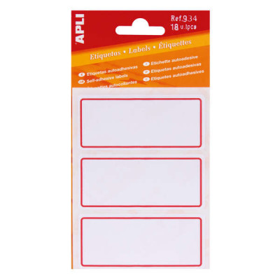 Apli Etiquetas Adhesivas Escolares Basicas - Tamaño 78x34mm - Ribete Rojo - 6 Hojas (18 Etiquetas) - Adhesivo Permanente de Alta Calidad - Escritura Ordenada - Color Blanco