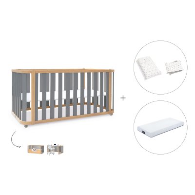 Cuna-cama madera/gris 70x140 cm (3en1) + colchón + textil Taiga · Crea Plus Due Antracita