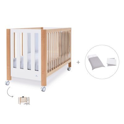 Cuna-escritorio madera/blanco (2en1) 60x120 cm + textil Carezza · Occa
