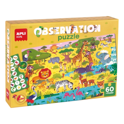 Apli Puzzle Observacion Junior Jungla de 60 Piezas de 6x6cm - Incluye Poster y 1 Ficha con Diferentes Objetos - Desarrolla la Concentracion, Observacion y Memoria - Recomendado para Niños a partir de