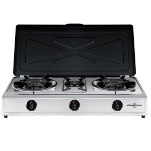 Hornillo a gas butano Vitrokitchen Ciclón 360IB, 3 zonas, gas butano, con tapa, encendido electrónico, inox