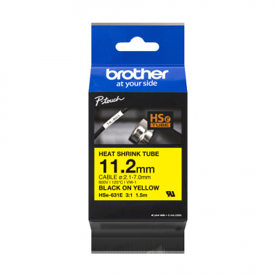 BROTHER Cinta tubo termorretractil. Texto negro sobre fondo amarillo. PTE300, PTE550W, PTP750W, PTP9