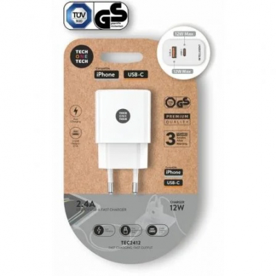Cargador de Pared Tech One Tech TEC2412/ 1xUSB Tipo-C/ 1xUSB/ 12W/ Blanco