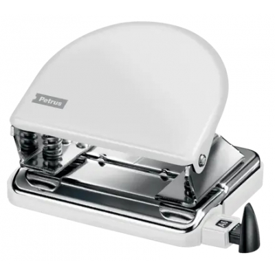 Petrus 52 WOW Taladro Perforador Clasico Metalico - Hasta 20 Hojas - Marcas de Formato - Facil Vaciado - Punzones 5.5mm - Color Blanco Metalizado