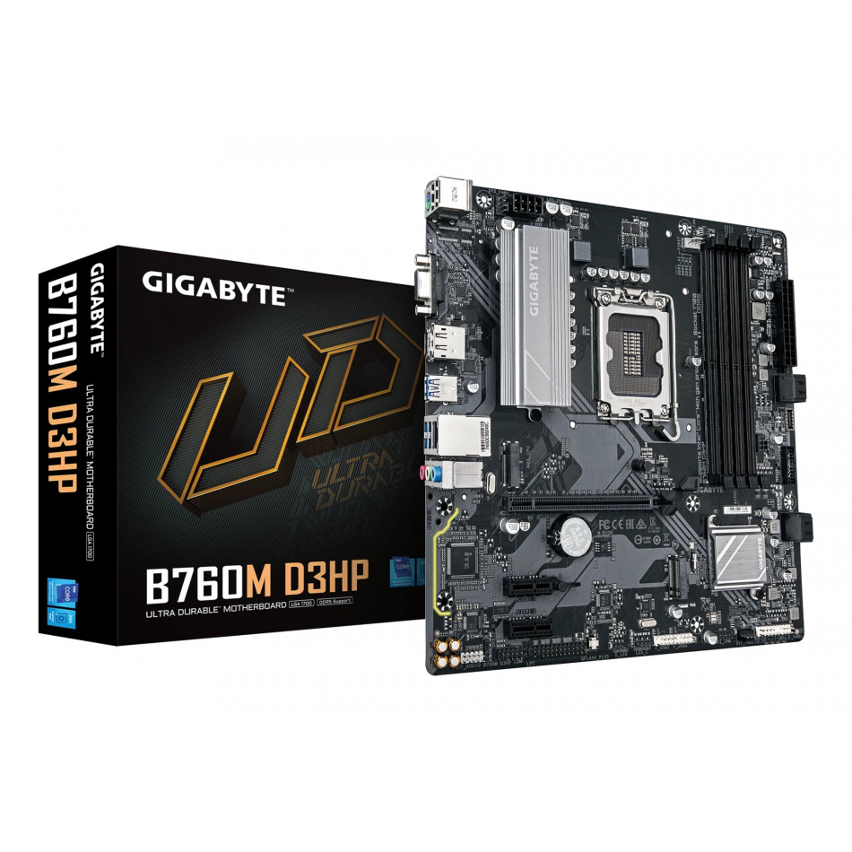 B760M D3HP Placa Base - Procesadores Intel Core de 14ª Generación, VRM de 4+1+1 fases, hasta 5600 MHz DDR5, 2xPCIe 4.0 M.2, LAN GbE, USB 3.2 Gen 1