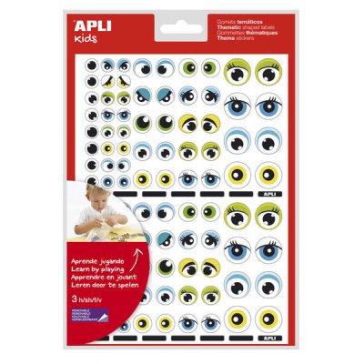 Apli Gomets Tematicos con Ojos - 312 Gomets - Identificacion de Emociones y Expresiones - Desarrollo de Habilidades Motoras - Adhesivo Removible - Adhesivo Base Agua - Libre de Disolventes - Color Azu