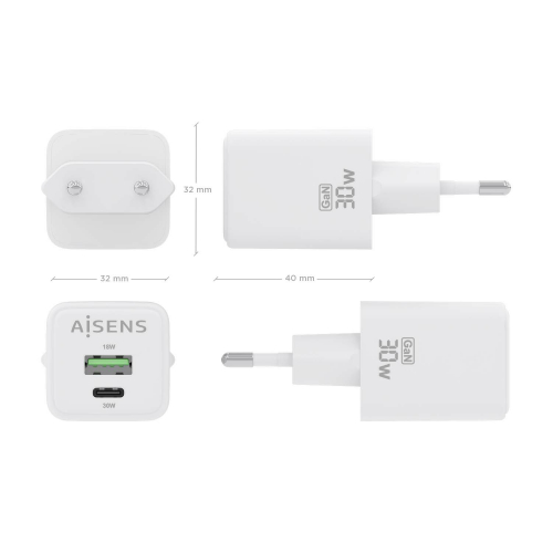 AISENS - CARGADOR GaN 30W, 1xUSB-C PD3.0 QC4.0, 1xUSB-A QC3.0, BLANCO