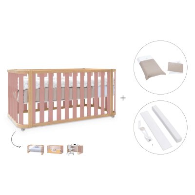 Cuna-cama colecho madera/rosa 70x140 cm (4en1) + textil Arena · Crea Plus Due Quarzo Rosa