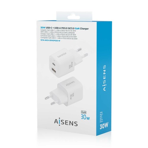 AISENS - CARGADOR GaN 30W, 1xUSB-C PD3.0 QC4.0, 1xUSB-A QC3.0, BLANCO