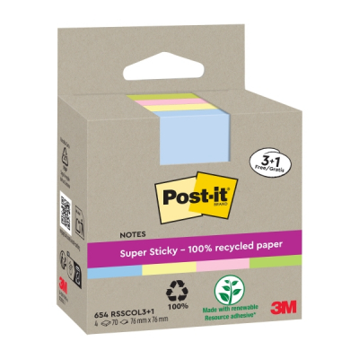 Post-It Super Sticky Pack de 4 Blocs de 70 Notas Adhesivas Recicladas - Forma Cuadrada - 76x76mm - Colores Surtidos