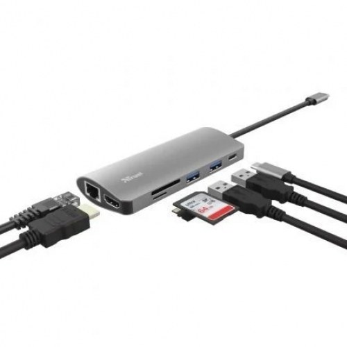 Docking USB Tipo-C Trust Dalyx/ 2 Puertos USB/ 1 Puerto USB Tipo-C/ 1 HDMI/ 1 RJ45/ 1 Lector Tarjetas SD y microSD/ Gris