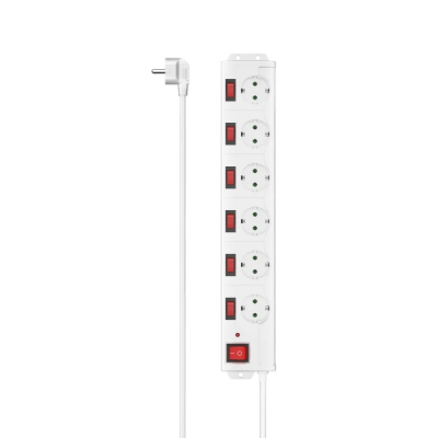 Hama Regleta Alimentacion con 6 Tomas - Potencia Maxima 3680W - Cable 1.4m - Voltaje 250V - Interruptor General e Individuales - Enchufe Schuko en Angulo - 7.2x4.1x42.3cm - Color Blanco
