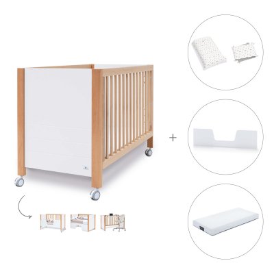 Cuna-cama-sofá madera/blanco (4en1) 60x120 cm + colchón + textil Taiga · Ombra