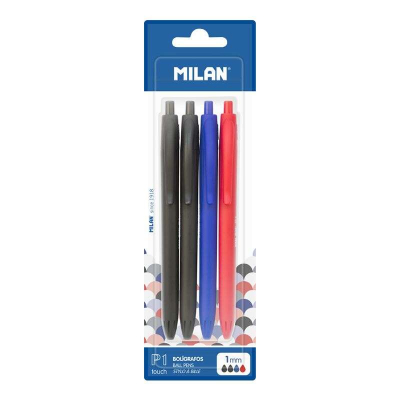 Milan P1 Touch Pack de 4 Boligrafos de Bola Retractiles - Punta Redonda 1mm - Tinta con Base de Aceite - Escritura Suave - 1.200m de Escritura - Color Negro x2, Azul y Rojo