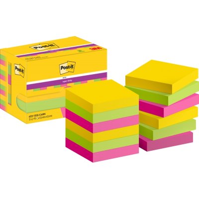 Post-It Super Sticky Pack de 12 Blocs de 90 Notas Adhesivas Reposicionables - Forma Cuadrada - 47.6x47.6mm - Colores Surtidos