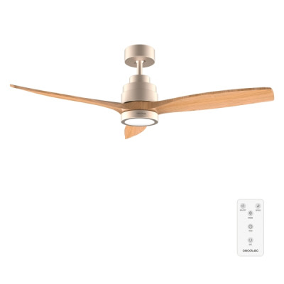Cecotec EnergySilence Aero 5295 GoldWhite Ventilador de Techo con 3 Aspas y Luz - 35W - Diametro de 52 - 3 Tonos LED - 6 Velocidades - Temporizador - Modo Invierno - Color Madera Claro