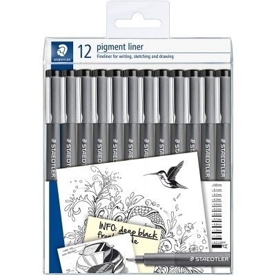 Staedtler Pigment Liner 308 Pack de 12 Rotuladores Calibrados - Tamaños de Puntas Surtidos - Color Negro