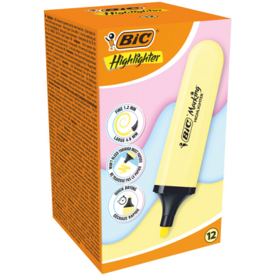 Bic Marking Highlighter Flat Marcador Fluorescente - Punta Biselada - Trazo entre 1.20 y 4.60 mm - Tinta con Base de Agua - Color Amarillo Pastel