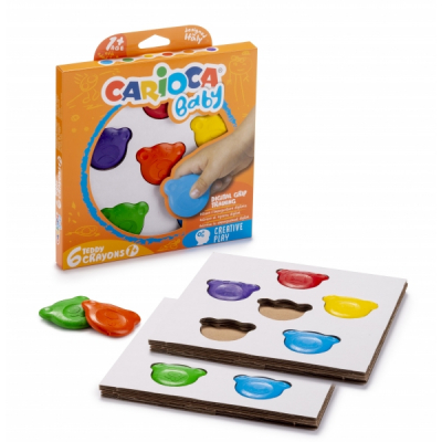 Carioca Teddy Crayons Pack de 6 Ceras de Colores - Certificadas a Partir de 12 Meses - Diseñadas para Entrenar el Agarre Digital - Color Varios