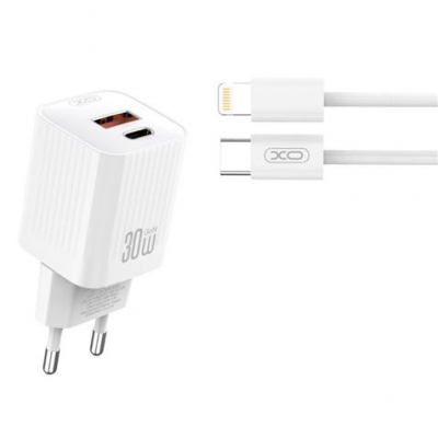 XO L149 Cargador de Corriente 30W - USB-A y USB-C - Alto Rendimiento - Incluye Cable USB-C a Lightning - Color Blanco