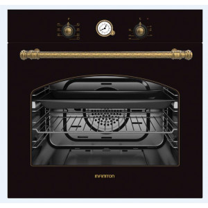 Horno multifunción rústico Infiniton ROT70, 64 litros, 6 funciones, 2177 W, temporizador analógico, guía telescópica, clase A, negro y dorado