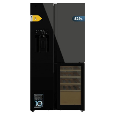 Cecotec Bolero CoolMarket TDW 529 WID Black Glass E Frigorifico Americano con Vinoteca - 529L - Compresor Inverter - Modo Vacaciones - Puerta de Cristal - Frio Envolvente - 91.1x70.6x183cm - Color Neg