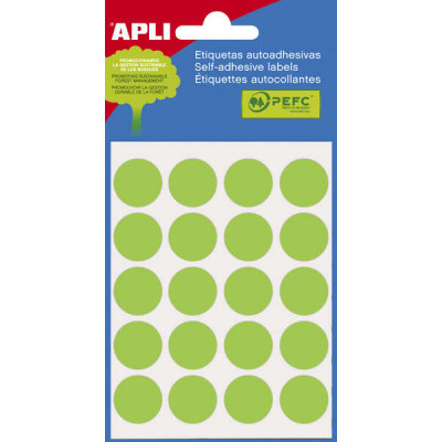 Apli Minibolsa de 100 Etiquetas Redondas Ø 19mm - 5 Hojas por 20 Etiquetas - Adhesivo Permanente - Aptas para Escritura con Lapiz, Boligrafo y Rotulador - Color Verde