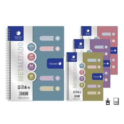 Golden Pack de 6 Cuadernos A4 120 Hojas 90gr Cuadricula 5x5 - Tapa Polipropileno - Colores Metalizados Surtidos