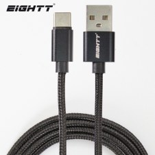 Eightt Cable USB a Type C 2Mts trenzado de Nylon Negro. Carcasa de aluminio