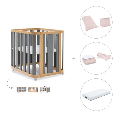 Minicuna-cuna (4en1) madera/gris + colchón + textil Cremarosa · Crea Plus Tre Antracita