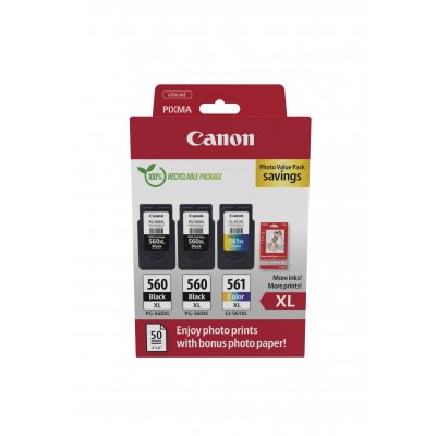 Canon PG-560XL/CL-561XL Pack de 3 Cartuchos de Tinta Originales + Papel Fotografico Brillante GP-501 - 3712C012
