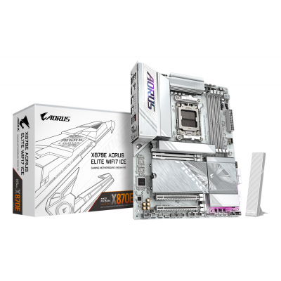 X870E AORUS ELITE WIFI7 ICE Placa base - Soporta procesadores AMD Ryzen 9000, VRM digital de 16+2+2 fases, hasta 8200 MHz DDR5 (O.C.), 3x PCIe 5.0 + 1x PCIe 4.0, Wi-Fi 7, LAN 2.5 GbE, USB 4
